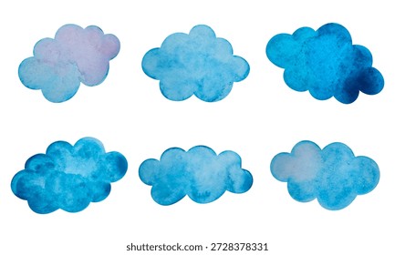 Blaue Aquarellwolken einzeln auf weißem Hintergrund. Zip. Kunst. Dekorative Elemente für Design, Poster, Banner, Postkarten. Kinderlicher Doodle-Stil. Handgezeichnete Aquarellwolken. Vektorgrafik. 