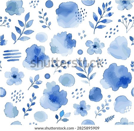 Blue Watercolour Floral and Botanical Pattern on White Background. Hand-painted blue watercolour pattern featuring abstract flowers, leafy branches, organic shapes and delicate botanical elements on a clean white background.