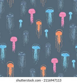 Blue watercolour underwater jellyfish seamless pattern. Calm, peaceful and optimistic. Perfect for fabric, wallpaper, scrapbooking and stationery. Surface pattern design.