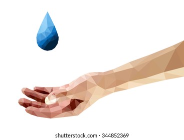 A blue water-drop onto a hand, isolated against white, low poly vector illustration.
