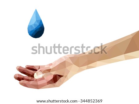 A blue water-drop onto a hand, isolated against white, low poly vector illustration.

