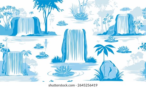 Blue waterfalls cascade creating tranquil water garden background scenery.