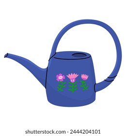 Blue watering can for caring for house plants with a floral pattern. Farming and gardening, growing flowers. Vector illustration isolated on transparent background.