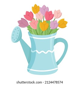 Blue watering can with colorful tulips. Isolated vector illustration on white background