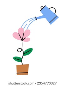 Blue watering can and flower in the pot. Grow your knowledge concept. Flat vector illustration.