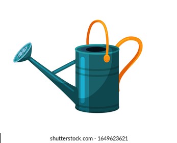 Blue watering can garden equipment tool isolated on white backdrop. Farmer item equipped with two yellow handle, perforated nozzle. Traditional horticultural instrument. Side view. Vector illustration