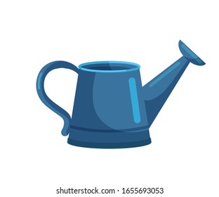 Blue watering can garden equipment tool isolated on white backdrop. Farmer item equipped with two yellow handle, perforated nozzle. Traditional horticultural instrument. Side view. Vector illustration