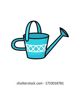 Blue watering can with geometric patterns for watering plants in the garden. Vector illustration. Garden tools.