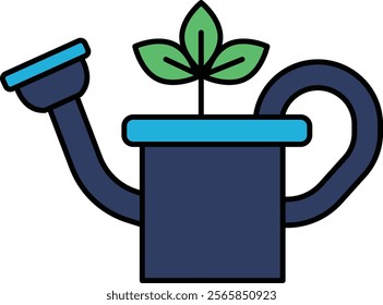 A blue watering can with a green plant in it. The plant is small and has a leafy appearance