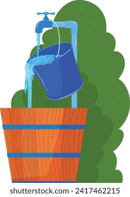 El agua azul puede verter agua en una cubeta de madera, matorrales verdes al fondo. Equipo de riego, ilustración de vectores hortícolas.