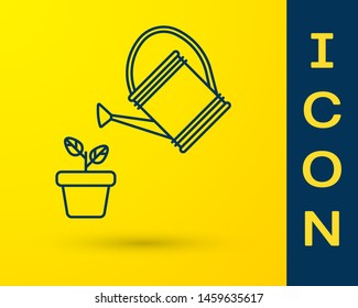 Blue Watering can sprays water drops above plant in pot icon isolated on yellow background. Irrigation symbol.  Vector Illustration