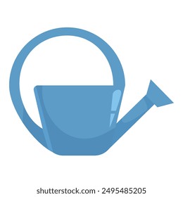 Blue watering can standing upright, ready for watering plants and flowers