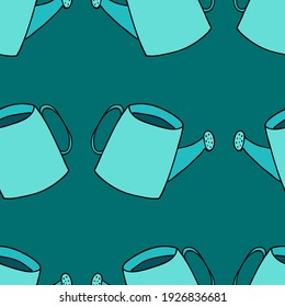 blue watering cans for garden and vegetable garden, vector seamless pattern on blue background, illustration in doodle style