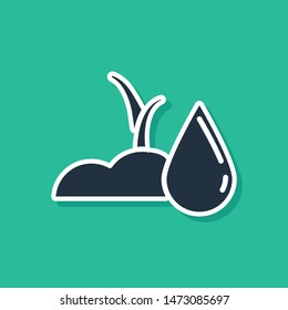 Blue Watering sprout icon isolated on green background. Seed and seedling. Irrigation symbol. Leaf nature.  Vector Illustration