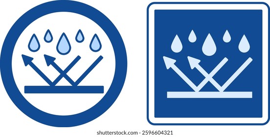 Blue Waterproof Labels. Vector Icons. Raindrops Reflecting Off Surface. Material or Clothes That Do Not Absorb Moisture. Product Packaging Design, Sticker