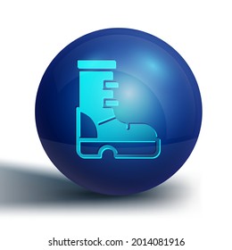Blue Waterproof rubber boot icon isolated on white background. Gumboots for rainy weather, fishing, gardening. Blue circle button. Vector