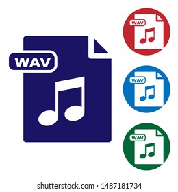 Blue WAV file document. Download wav button icon isolated on white background. WAV waveform audio file format for digital audio riff files. Set color icons in circle buttons. Vector Illustration