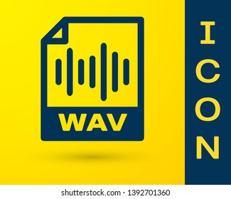 Blue WAV file document icon. Download wav button icon isolated on yellow background. WAV waveform audio file format for digital audio riff files. Vector Illustration