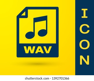 Blue WAV file document icon. Download wav button icon isolated on yellow background. WAV waveform audio file format for digital audio riff files. Vector Illustration