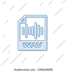 Blue WAV file document icon. Download wav button line icon isolated on white background. WAV waveform audio file format for digital audio riff files. Vector Illustration