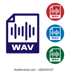 Blue WAV file document icon. Download wav button icon isolated on white background. WAV waveform audio file format for digital audio riff files. Set color icon in circle buttons. Vector Illustration