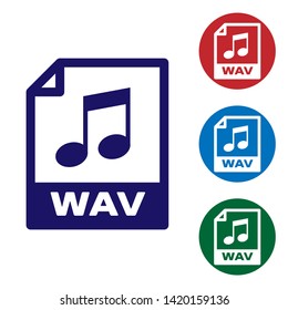 Blue WAV file document icon. Download wav button icon isolated on white background. WAV waveform audio file format for digital audio riff files. Set color icon in circle buttons. Vector Illustration