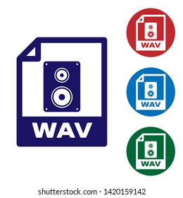 Blue WAV file document icon. Download wav button icon isolated on white background. WAV waveform audio file format for digital audio riff files. Set color icon in circle buttons. Vector Illustration