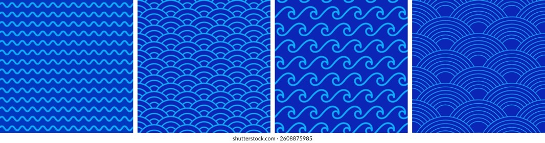 Blue wave abstract seamless pattern set.  Vector trendy background for poster, festival, music and textile