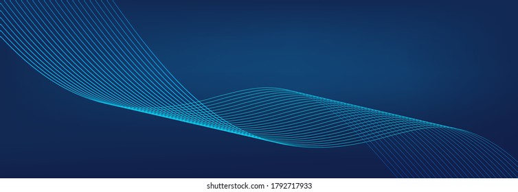 Blue wave background. Abstract curve line. Technology vector. Colorful shiny wave with lines pattern. Curved wavy line, abstract stripes. Dynamic blue background. Banner with motion effect.