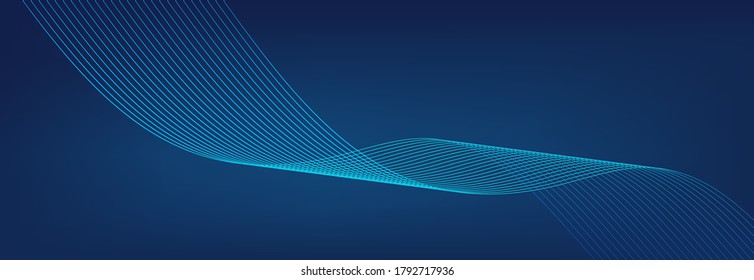 Blue wave background. Abstract curve dotted line. Technology vector. Colorful shiny wave with lines pattern. Curved wavy line, abstract stripes. Dynamic blue background. Banner with motion effect.