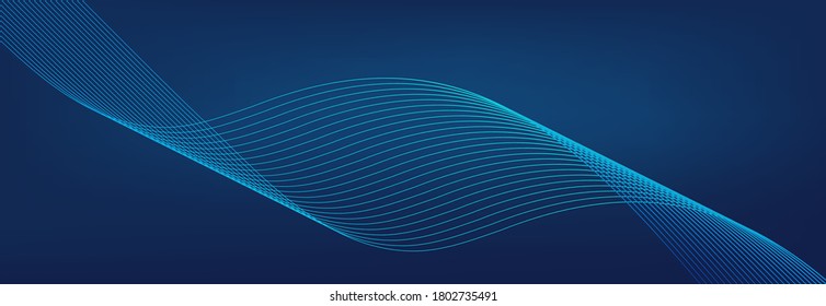 Blue wave background. Abstract curve line. Technology vector. Colorful shiny wave with lines pattern. Curved wavy line, abstract stripes. Dynamic blue background. Banner with motion effect.