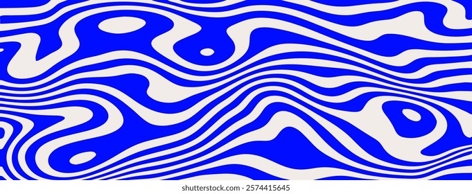 Blue wave background. Abstract water ripple texture. Vector psychedelic wavy line pattern. Retro marine theme trippy navy illustration. Summer sea blue funky fluid swirl backdrop. Milk yoghurt bg