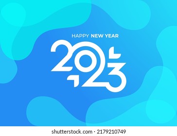 Blue wave background of Happy New Year 2023 Greeting banner logo illustration, Creative and Colorful 2023 new year vector