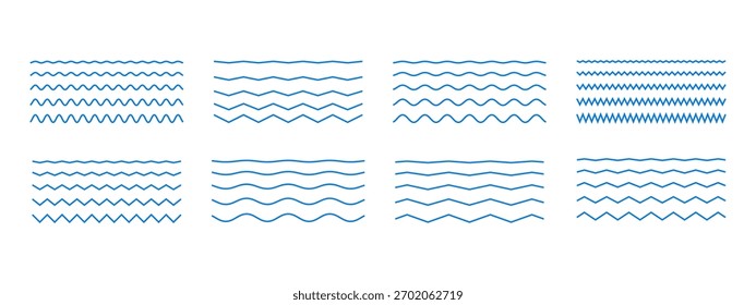 Blue wave border set. Ripple, squiggle, curve, zigzag line variations included. Vector seamless graphic elements pack. Wavy strokes for water themes, sea designs, decorative frames.