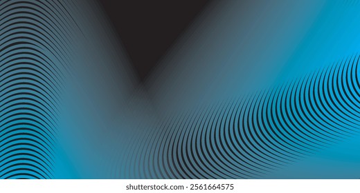 Blue wave curved lines , black background illustration for articles and publications on technological trends and innovations, covers of technological magazines.