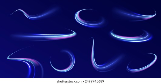 Blue wave curved lines for presentations, illustration of articles and publications on technological trends and innovations, covers of technological magazines. Light arc in blue colors.
