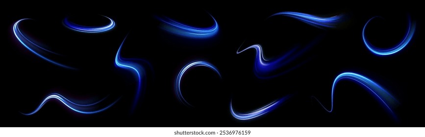 Blue wave curved lines for presentations, illustration of articles and publications on technological trends and innovations, covers of technological magazines. Light arc in blue colors.