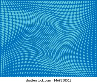 Blue wave dotted pattern. Futuristic twisted grunge background, dot, circles. Vector modern optical pop art texture for posters, business cards, cover, labels, ads, social media