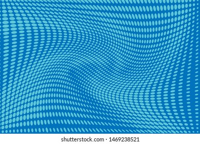 Blue wave dotted pattern. Futuristic twisted grunge background, dot, circles. Vector modern optical pop art texture for posters, business cards, cover, labels, ads, social media