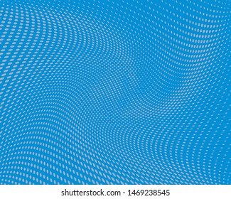 Blue wave dotted pattern. Futuristic twisted grunge background, dot, circles. Vector modern optical pop art texture for posters, business cards, cover, labels, ads, social media