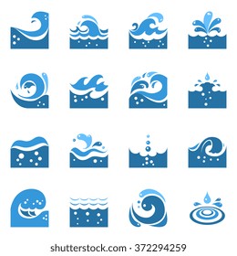Blue wave flat icons set with sea swirl and water splashing isolated vector illustration 