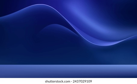 Blue wave flow 3d display studio background mock up for product show presentation realistic vector illustration. Showroom curved wavy wall commercial advertising shopping promo space interior