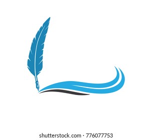 Blue Wave Fountain Pen Quill Vector Logo Design