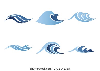 Conjunto de iconos de onda azul con diferentes movimientos de agua aislados sobre fondo blanco