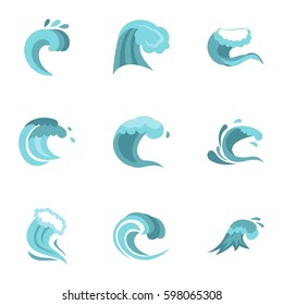 Blue wave icons set. Flat illustration of 9 blue wave vector icons for web