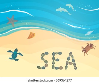 Blue wave is incident on the golden beach. The inscription pebbles "sea". Marine animals and fish. Vector illustration
