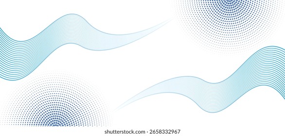 Blue Wave Line Abstract Background with Gradient Dots and Halftone Effect