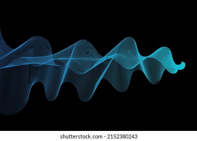 Líneas de onda azul fluyendo sobre un fondo negro para tecnología, música, ciencia, digital