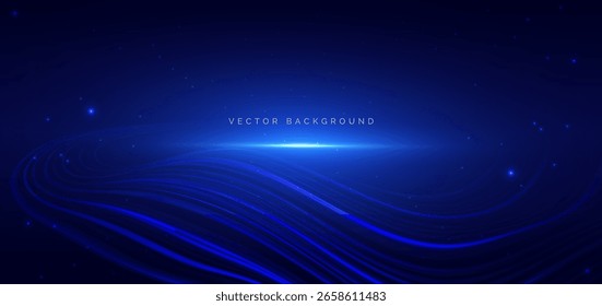 Las líneas azules de la onda aceleran el movimiento en el fondo azul oscuro con la chispa. Concepto de movimiento azul del coche de carreras de alta velocidad. Ilustración vectorial