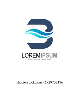 Blue wave logo design, letter b with wave water shape, line and wave icon